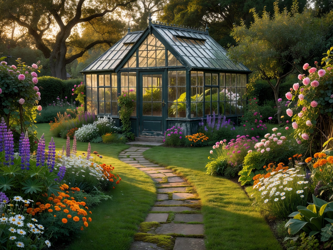 Beautiful greenhouse at the end of a residential back garden with stone path