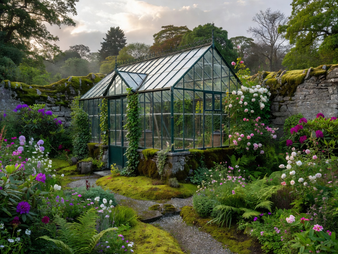 Beautifully integrated greenhouse in a mature Irish garden