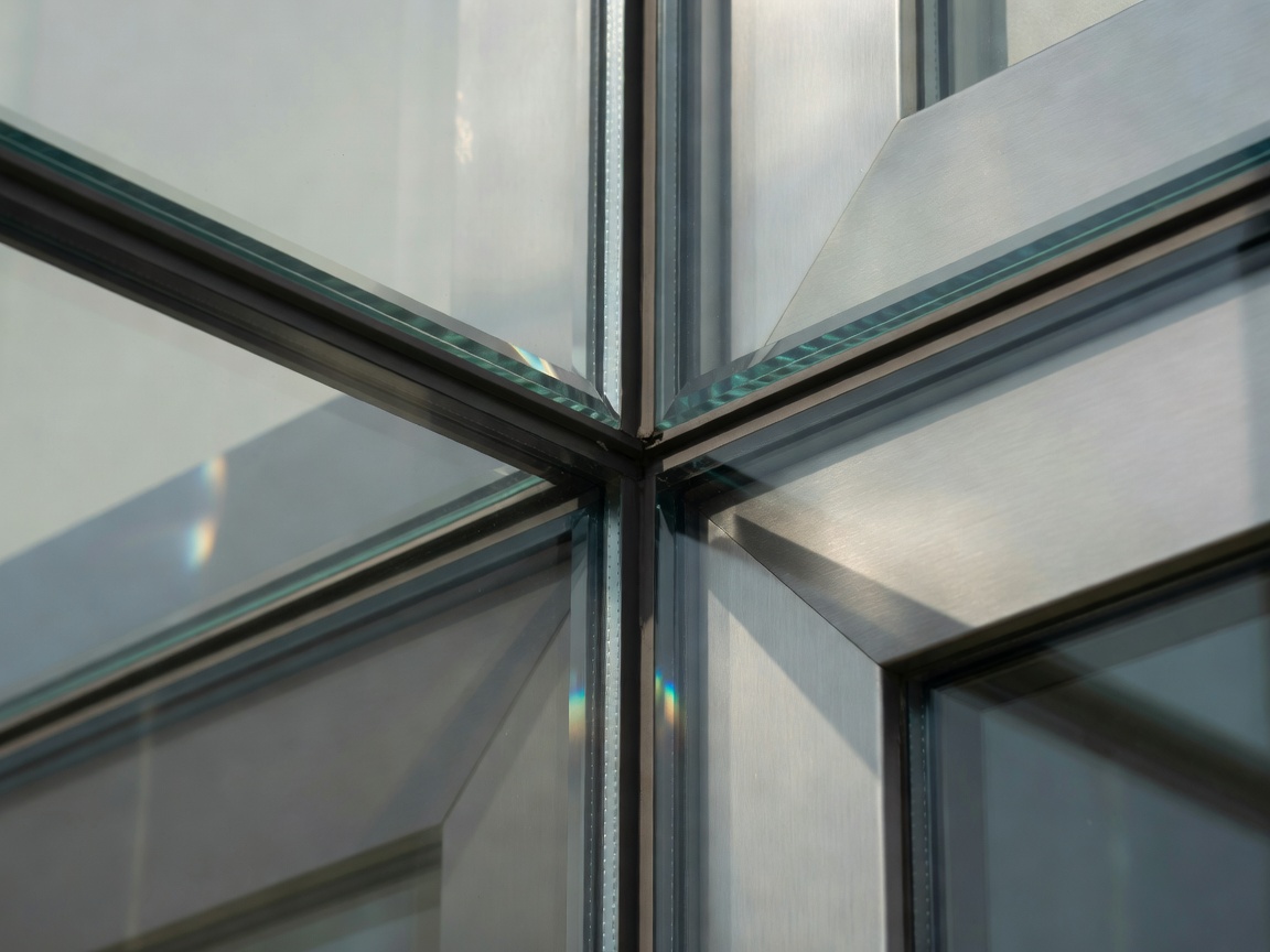 Close up of glass panels meeting structural frames