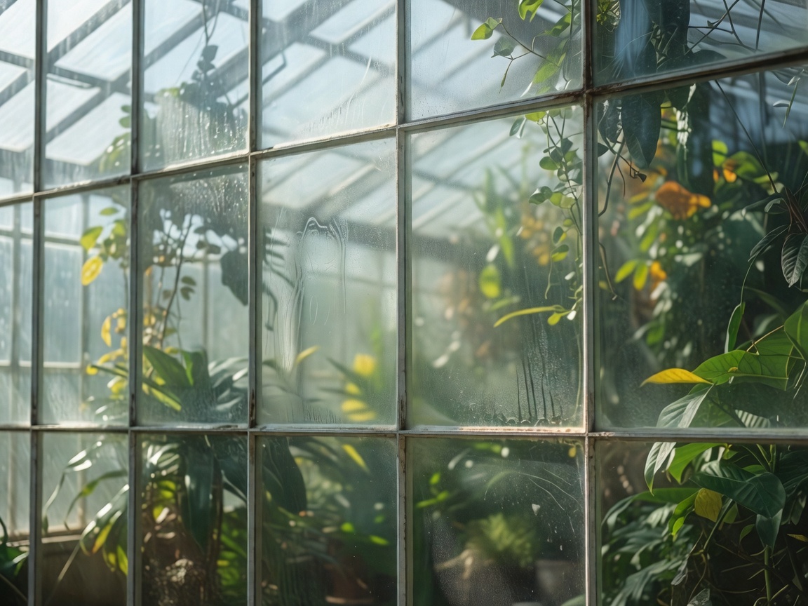Close up view of toughened glass panes on a greenhouse