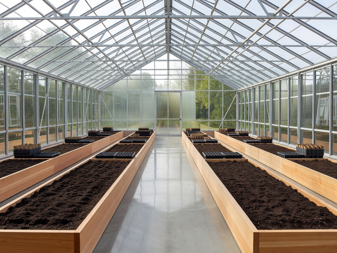 Completed pristine greenhouse interior ready for planting