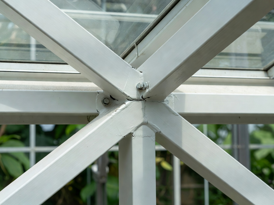 Detail of a painted aluminium greenhouse structural frame
