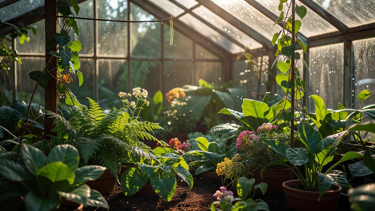 Detail of plants growing inside a sunny greenhouse