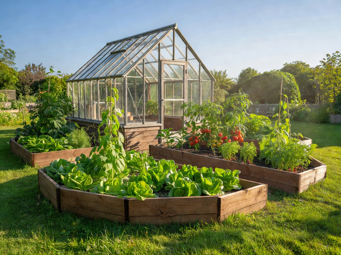 Greenhouse surrounded by raised vegetable beds in a sunny garden