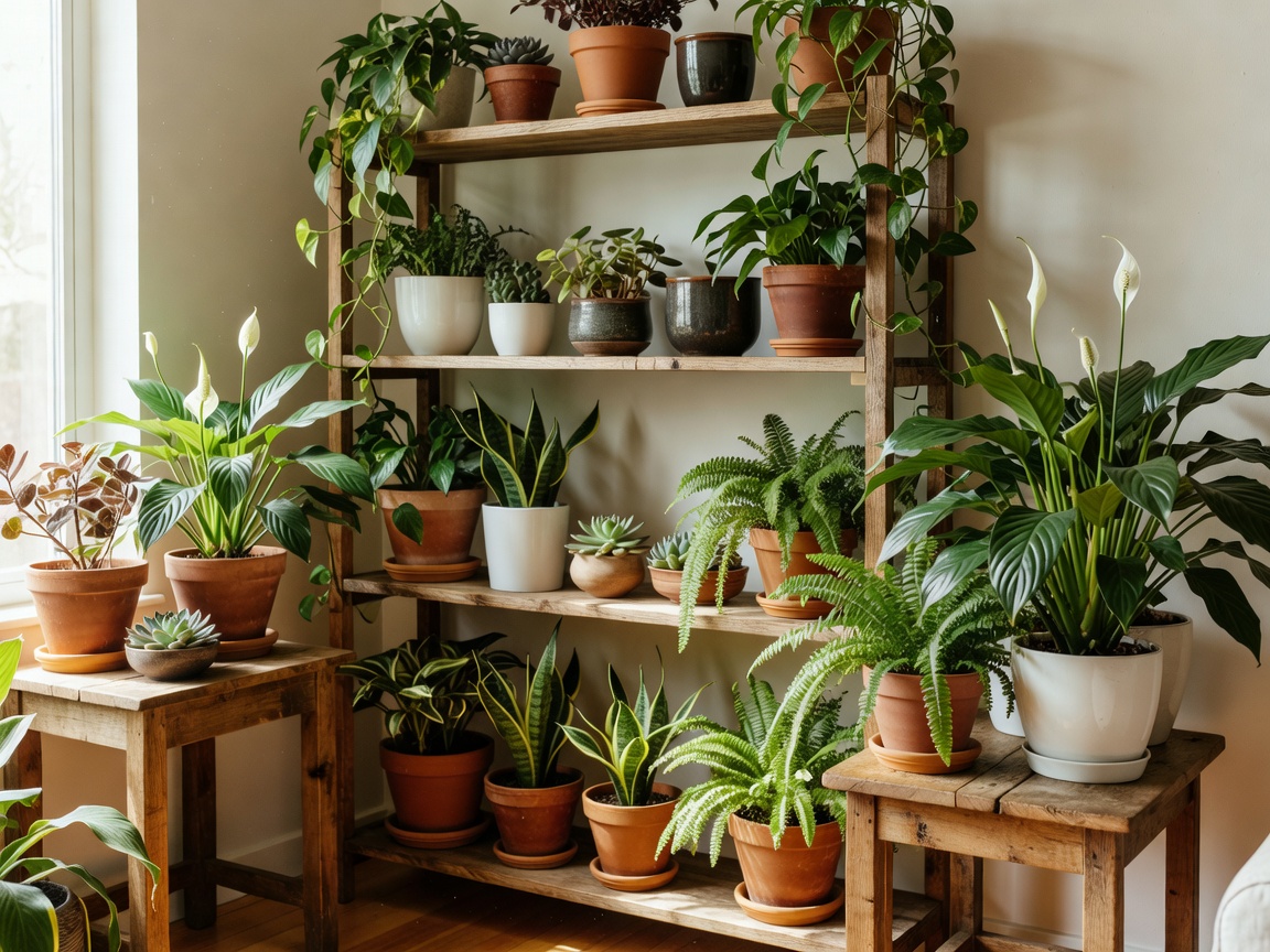 Interior shelving and staging filled with potted plants