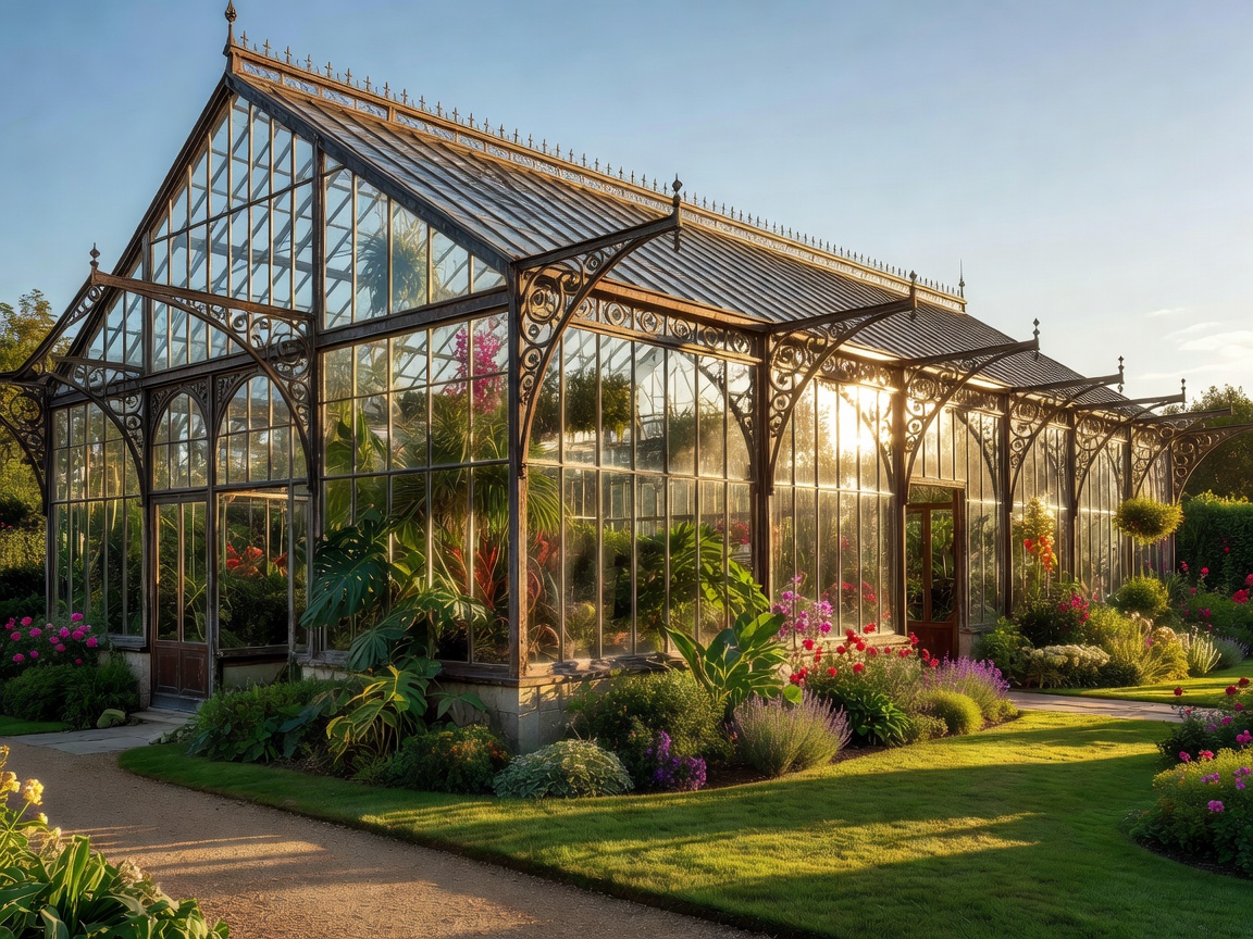 Large traditional all-glass greenhouse structure reflecting sunlight