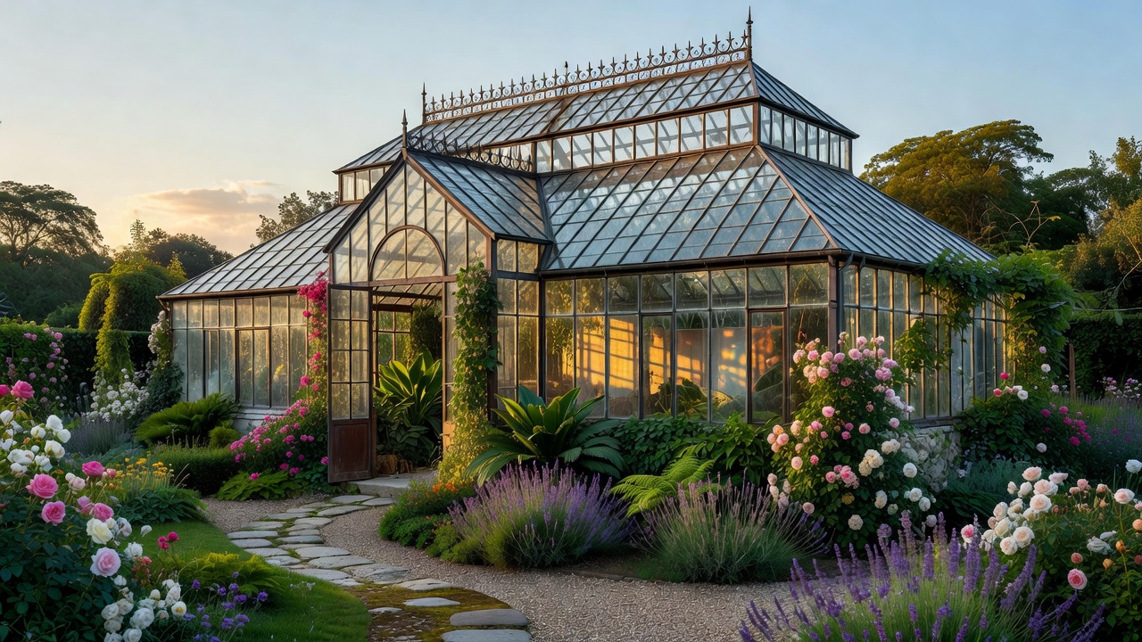 Large traditional glass greenhouse installed in a garden setting