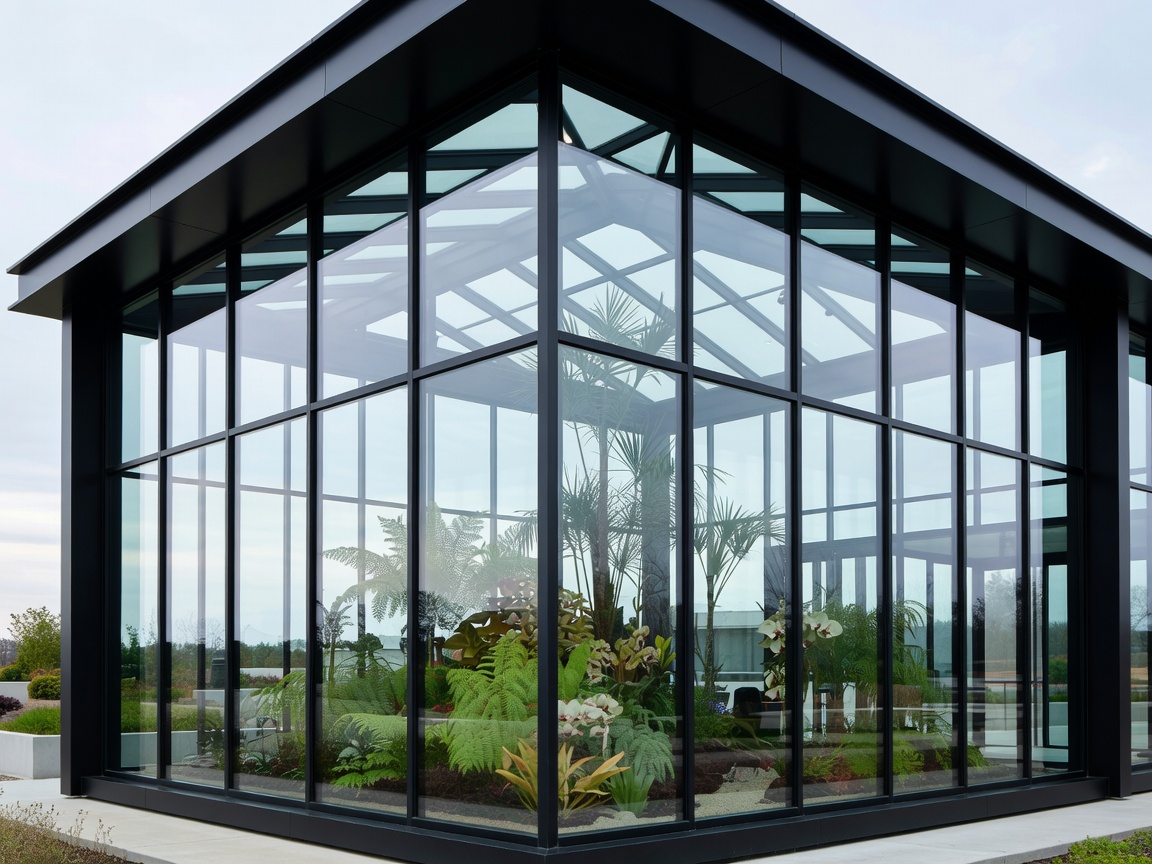 Modern architectural glasshouse with black steel framing