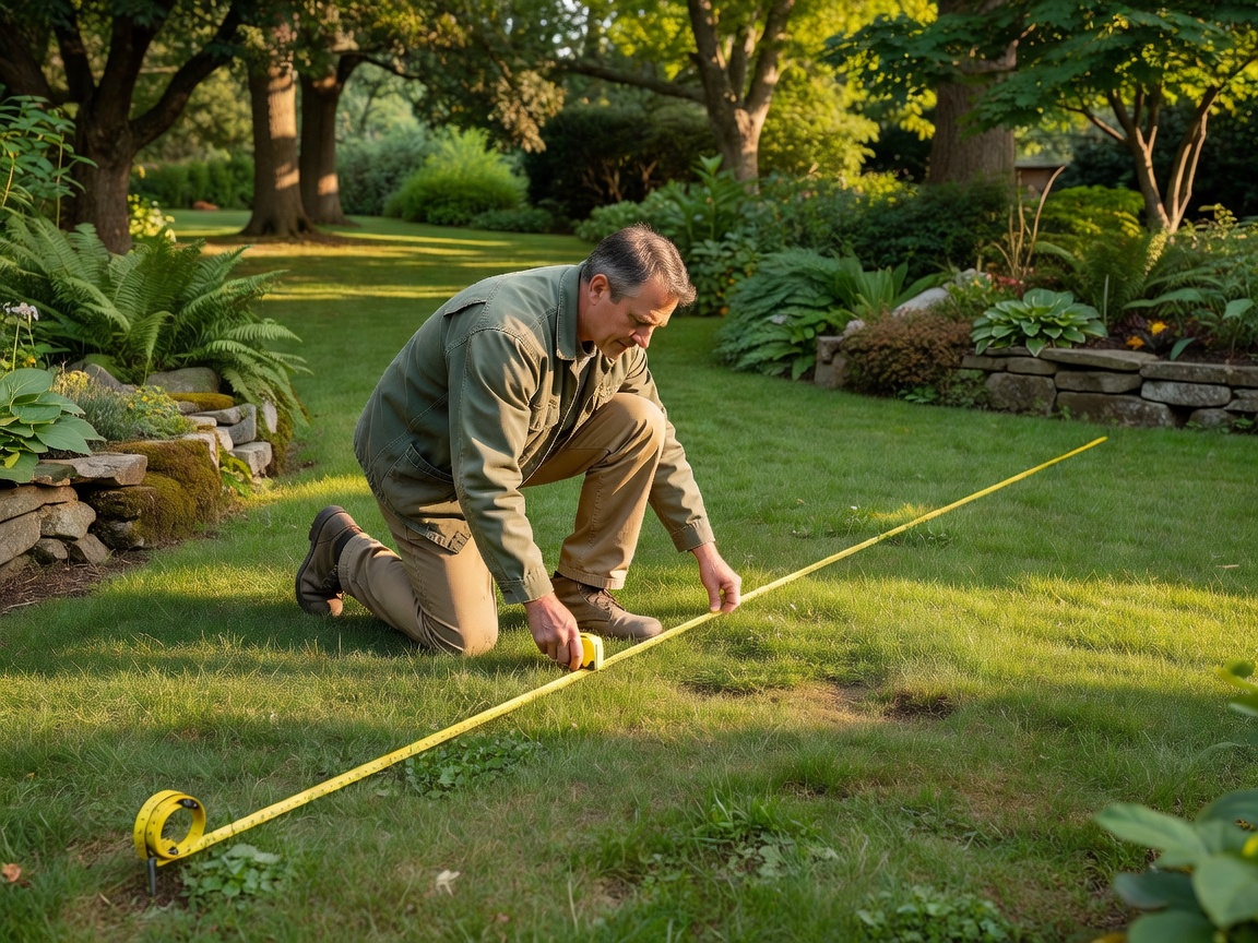 Person measuring garden lawn space for a new installation