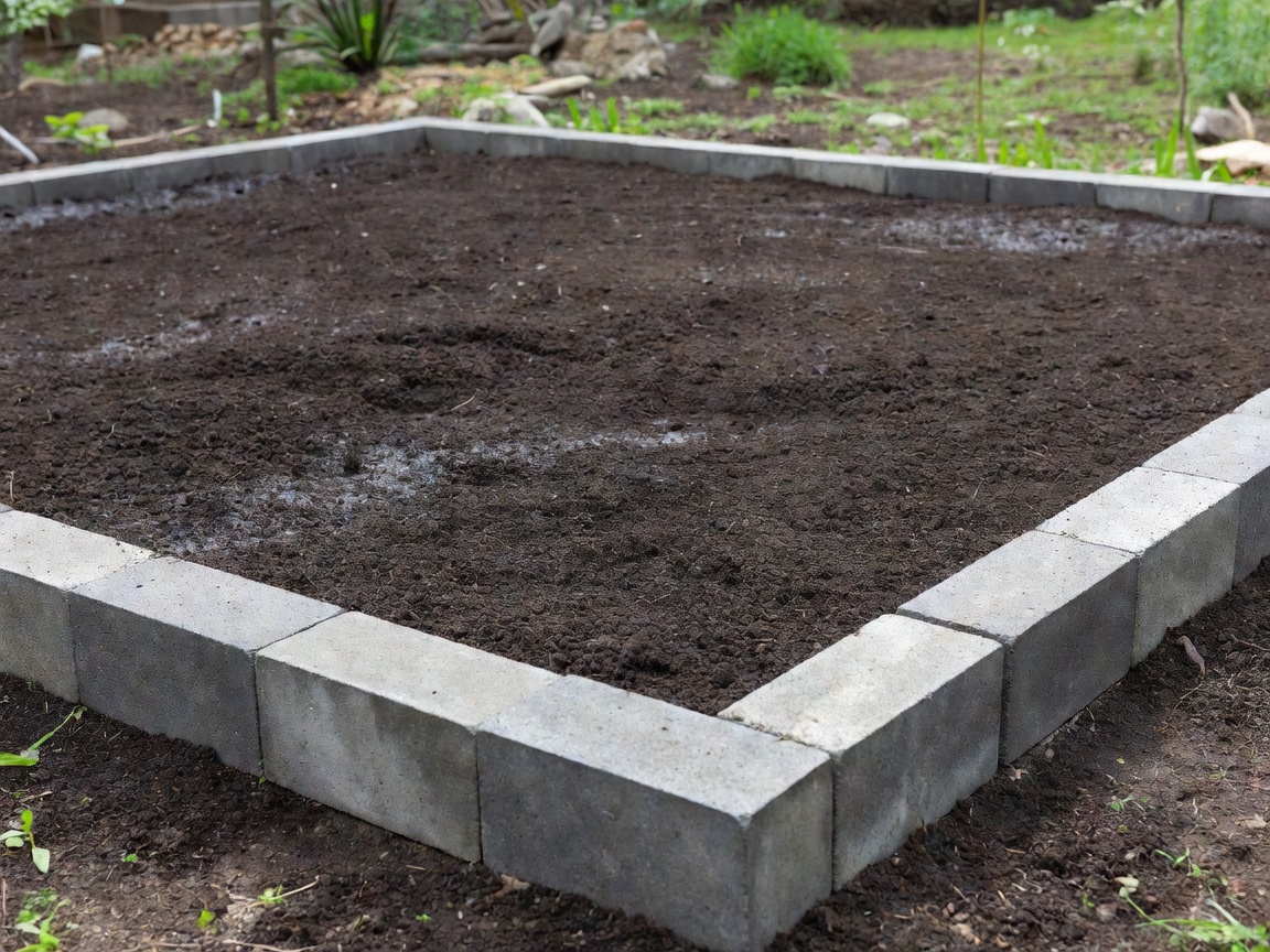 Prepared soil and concrete block base for a garden structure