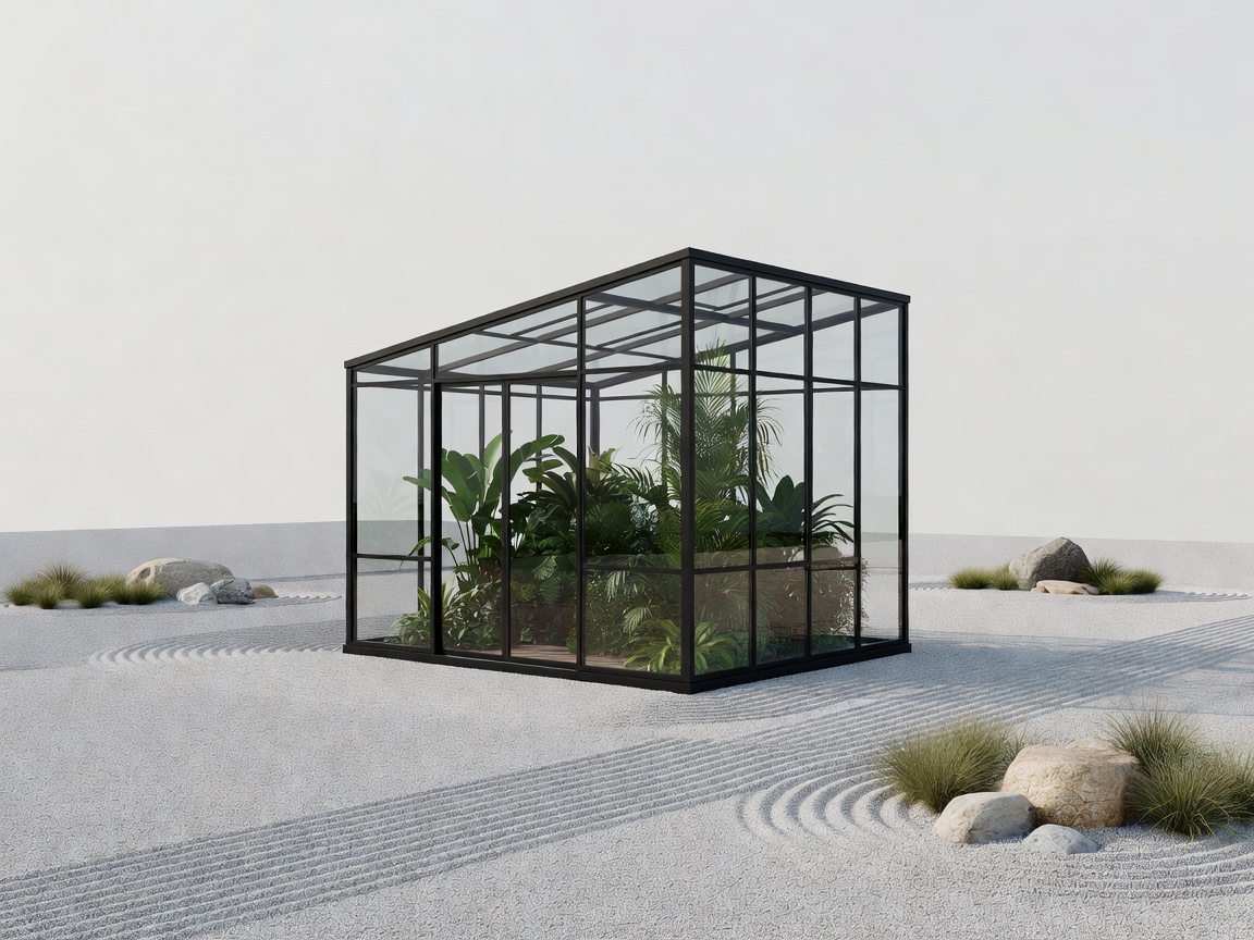 Sleek black framed modern greenhouse in a minimalist landscaping setup