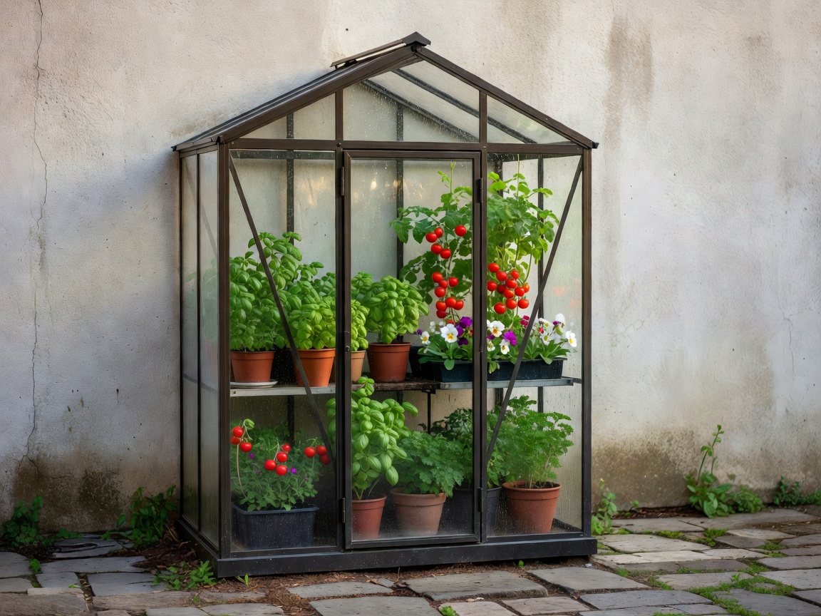 Small compact greenhouse against a wall