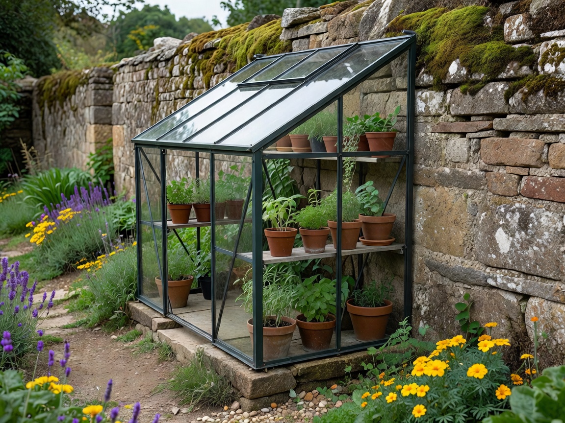 Small lean-to greenhouse against a garden wall