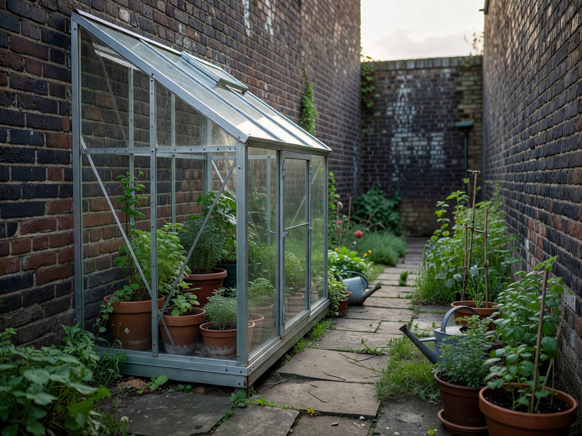 Small lean-to greenhouse in a narrow urban garden setting