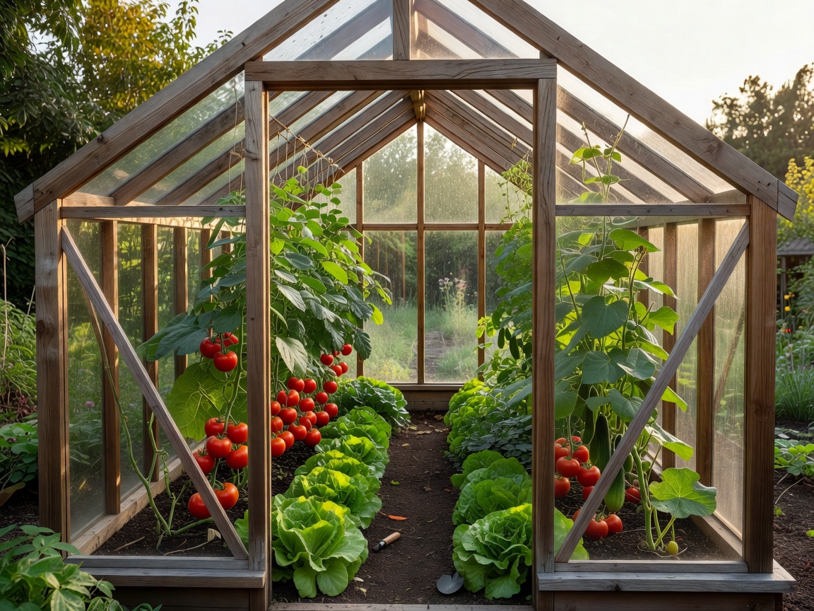 Standard garden greenhouse with timber frame and vegetables