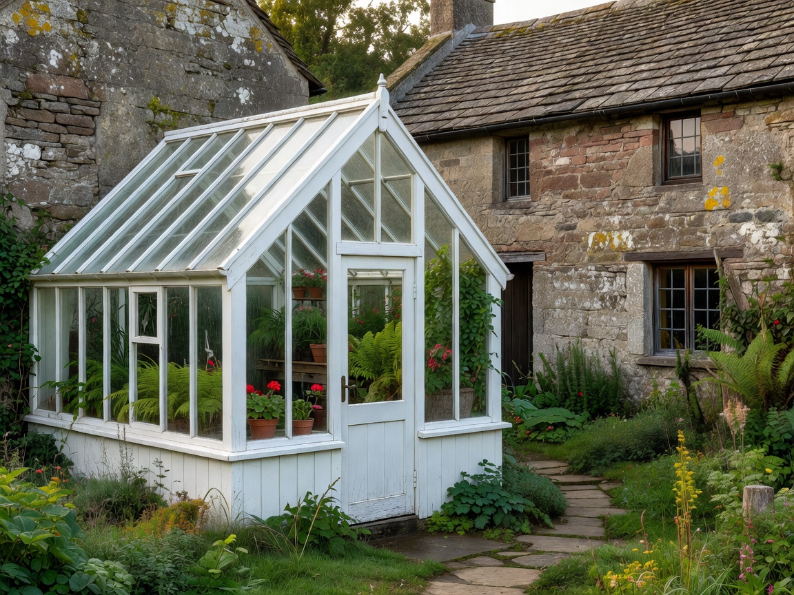 Traditional white painted wood greenhouse beside an old stone cottage